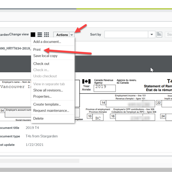 Screenshot of Action menu in Document archive pointing to Print menu item