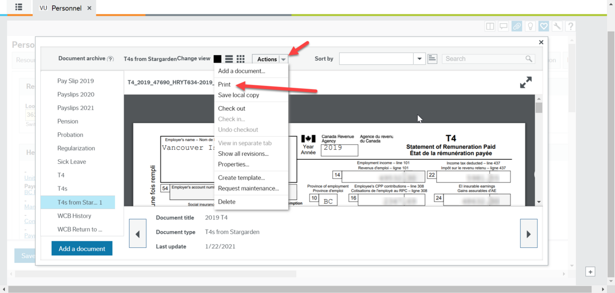 Screenshot of Action menu in Document archive pointing to Print menu item