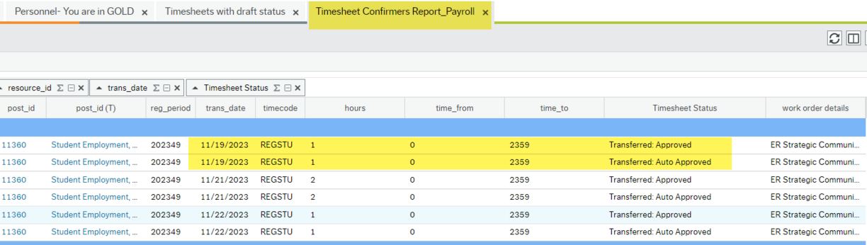 Example of Timesheet Confirmers Report with auto approval and approval highlighted