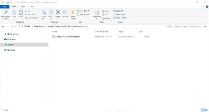 Windows Explorer window open showing a Sample PDF Attachment file 