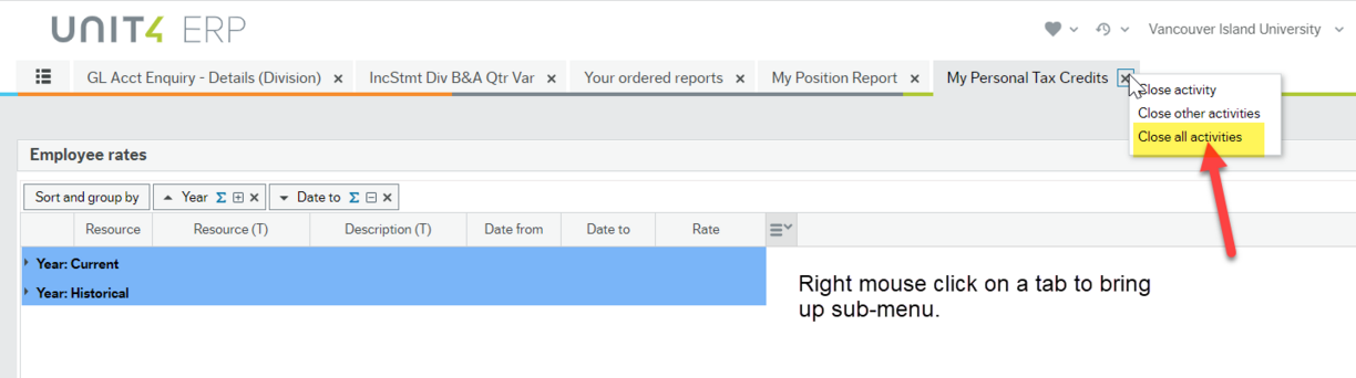 Employee Portal Workspace with multiple tabs open across the top and a red arrow pointing to a 3 item menu to the bottom right of the last tab: Close activity, Close other activities and Close all activities (which is highlighted yellow).
