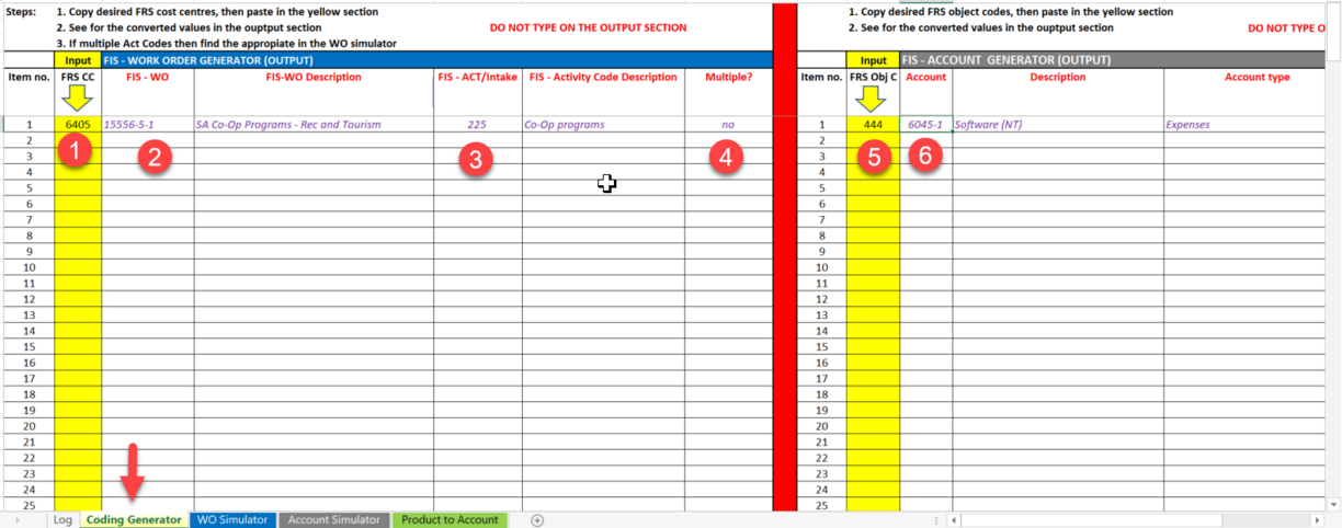 Screen shot of Coding Generator spreadsheet with arrow pointing to Coding Generator tab at bottom, 1 in FRS CC column in yellow, 2 in FIS WO column, 3 in FIS ACT/Intake column, 4 at Multiple column, 5 at yellow FRS Obj C column and 6 at Account column.