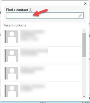 Screen shot of Find a Contact window open with a red arrow pointing to that field and a list of blurred contact names below.