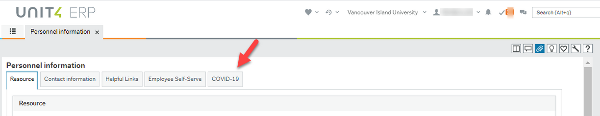 Screen shot of five menu tabs available beneath "Personnel information" activity title in the "Personnel information" activity window with a red arrow pointing to the farthest right tab labelled "COVID-19"