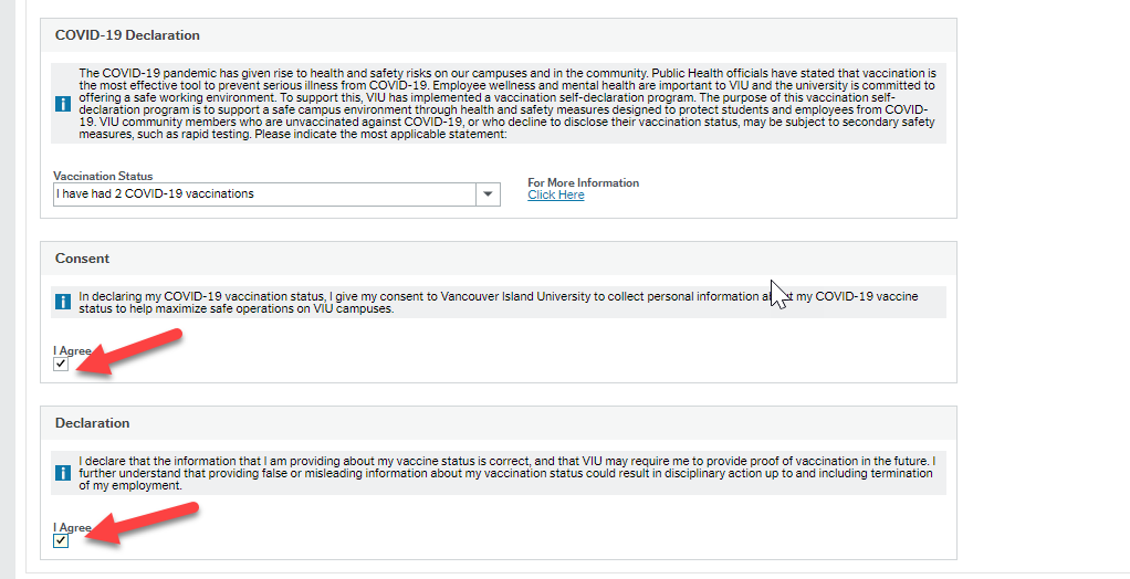 COVID-19 tab in Employee Portal with red arrows pointing to two "I Agree" boxes that each have a small checkmark in them.