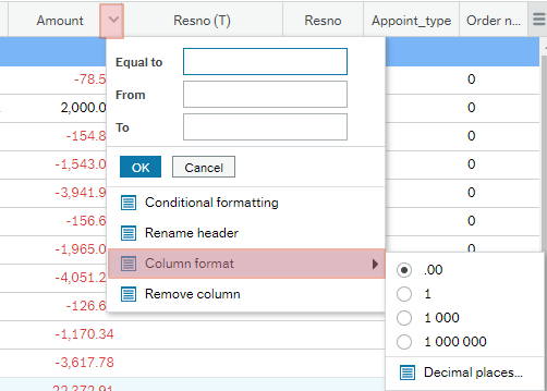 Menu showing Column format as an option breaking out to show .00, 1, 1000, 1000000 and Decimal places... 