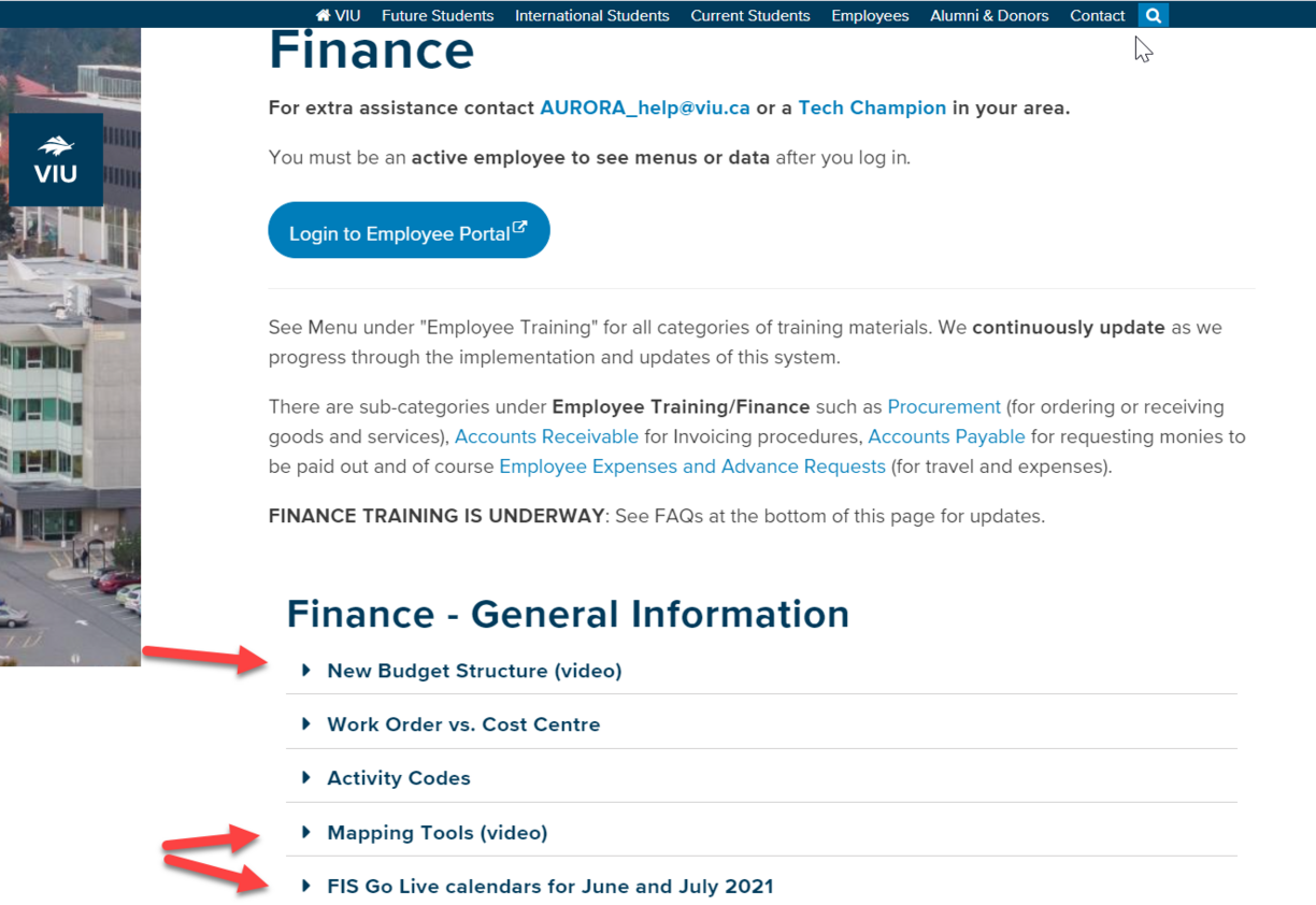 Screen shot of Finance page on training website with red arrows pointing to FAQ headings: New Budget Structure (video), Mapping Tools (video), and FIS Go Live Calendars for June and July 2021