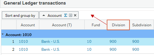 Screen shot of General Ledger transactions box with Division column header highlighted and an arrow pointing from it to the left to indicate it can be grabbed and dragged left.