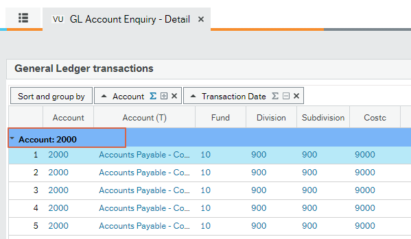 Screen shot of GL Account Enquiry - Detail report screen showing General Ledger transactions with the Account name: Account: 2000 highlighted. 