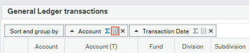 Screen shot of General Ledger transactions box with column titled Account with the symbol of a box with a plus sign in it highlighted indicating expansion or collapsing of data can be done.