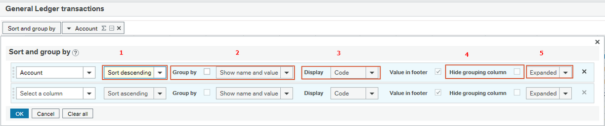 Screen shot of General Ledger transactions box with "Sort and group by" window open overtop showing five options to select from: Sort descending, Group by - show name and value, Display - code, Hide grouping column, Expanded. 