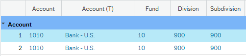 Screen shot of five columns: Account, Account (T), Fund, Division and Subdivision and two rows of data with the heading Account.