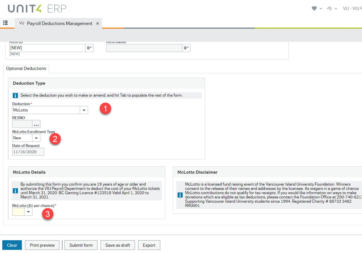 Screenshot of Payroll Deduction Management activity tab open. #1 in circle at Deduction field with "McLotto" in it. #2 is at field: Mclotto Enrollment Type with "New" in it. #3 at field McLotto ($1 per chance) and empty