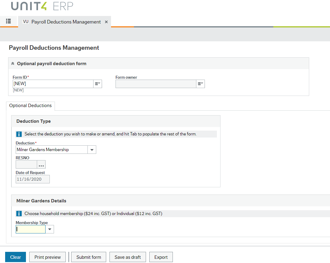 Payroll Deductions Management activity tab is open with cursor in field called Membership Type under Milner Gardens Details heading. Field is yellow indicating choice that this is where the data is to go