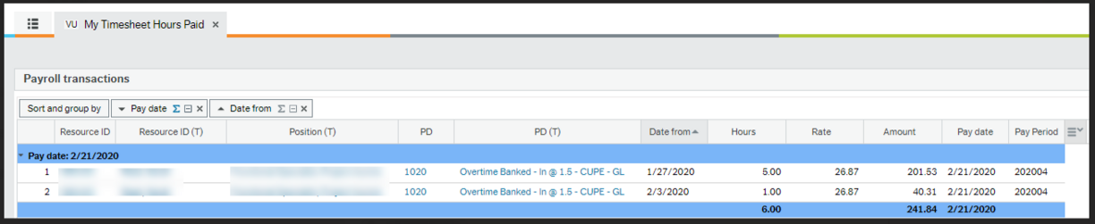 Screenshot of My Timesheet Hours Submitted report, showing two lines of timesheet data