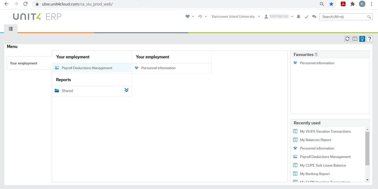 screenshot of Employee Portal workspace with Menu item, Your employment, on the left. 3 sections in the centre. 1 - "Your employment" with "Payroll Deductions Management" below it, 2 - "Your employment" with "Personnel information below it, 3 - Reports