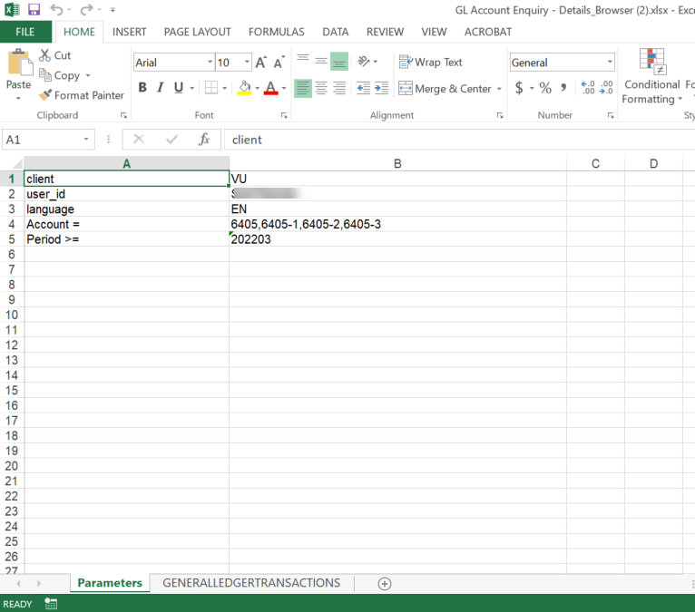 Screenshot of an Excel spreadsheet with two columns and five rows of data indicating: client is VU, user_id is blurred out, language is EN, Account is 6405, 6405-1, 6405-2, 6405-3 and Period&gt;= is 202203