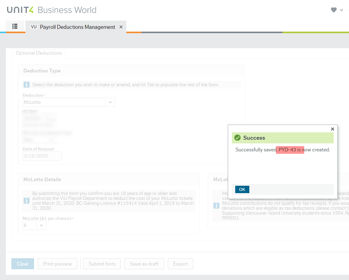 Deduction draft saved