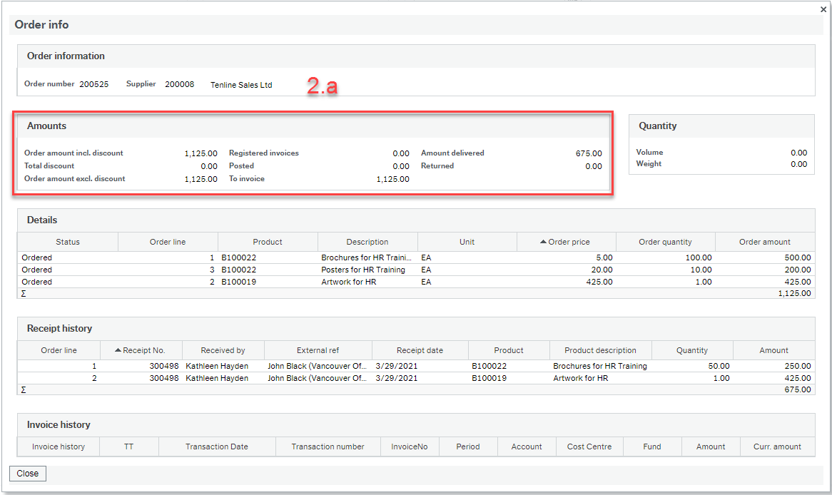 Order info screen with "Amounts" section highlighted showing the Total amount ordered, total amount of registered invoices, total amount posted, total amount left to invoice, total amount delivered, and total amount returned.