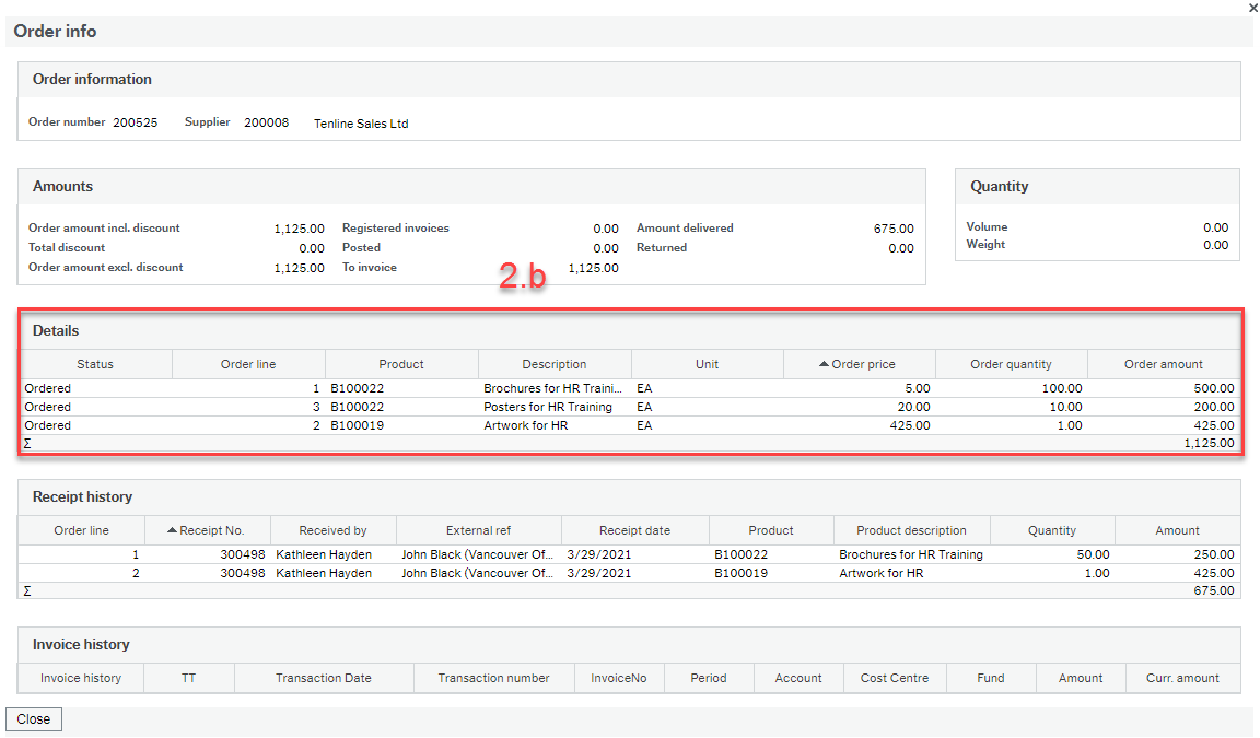 Order info screen with "Details" section highlighted showing the details of the order by line item.