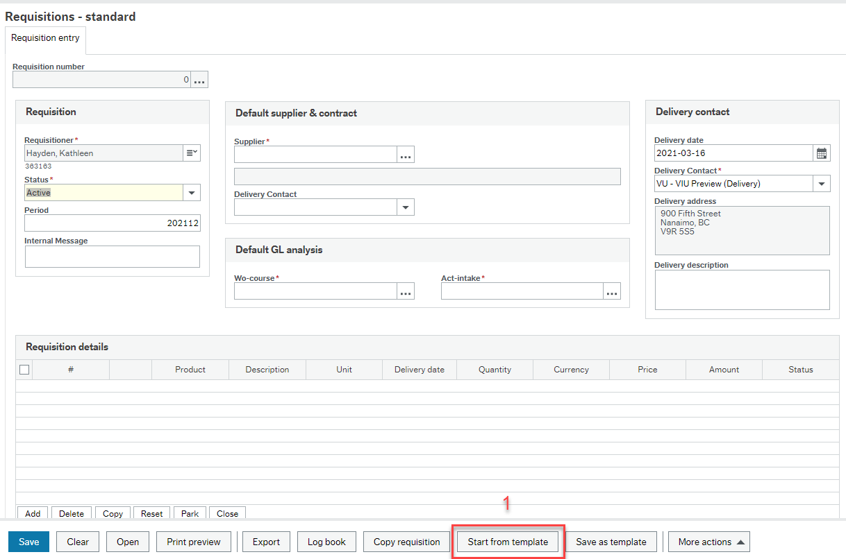Purchase Requisition screenshot with details highlighting the "Start from template" button on the bottom of the screen.