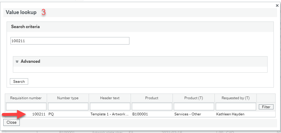 Screenshot of Value lookup window open with an arrow pointing to a template that is listed in it