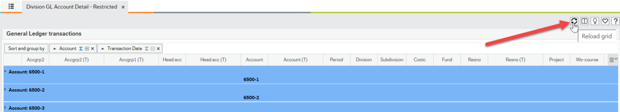 General Ledger Transactions window in Employee Portal with red arrow pointing to top right corner icon of circle formed by two curved arrows.
