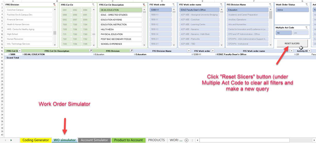 Excel Mapping Tool with Work Order Simulator tab open and arrow pointing to "Reset Slicers" button below the "Multiple Act Code box.