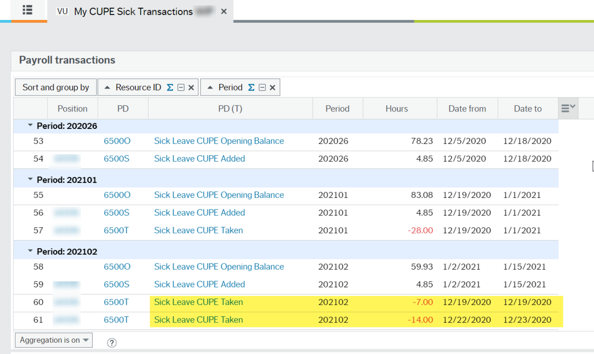 Sick leave report showing highlighted row indicating sick hours taken totals beside date actually taken