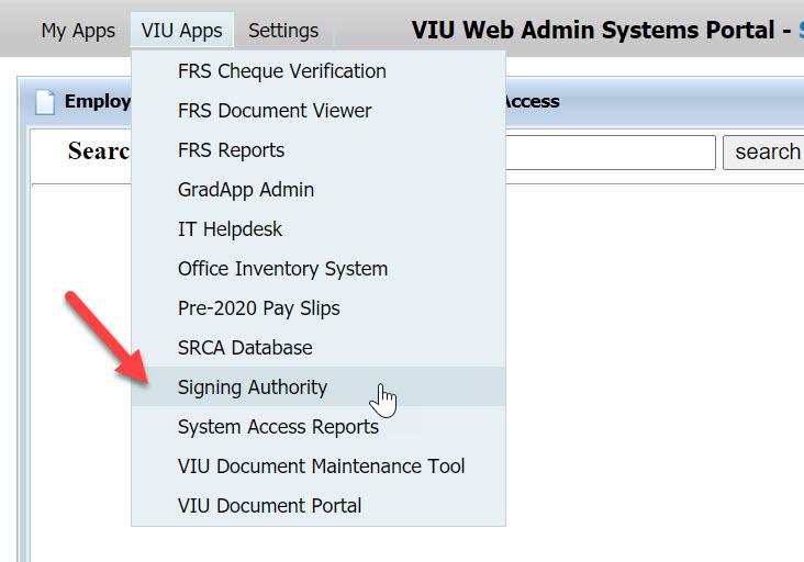 VIU Apps Menu with arrow pointing to Signing Authority on drop down list.