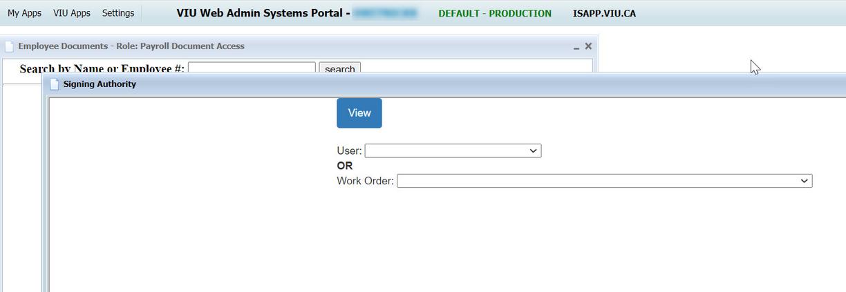 Signing Authority window open showing two dropdown menu options: User field and Work Order field 