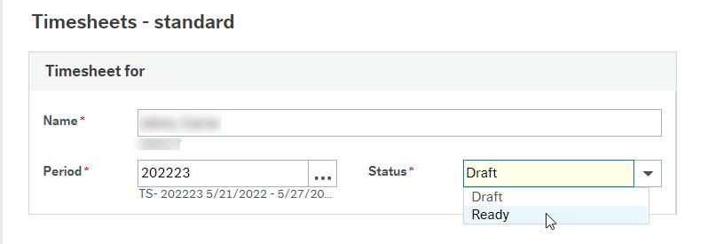 Screenshot of main screen, showing status drop-down menu with Draft and Ready