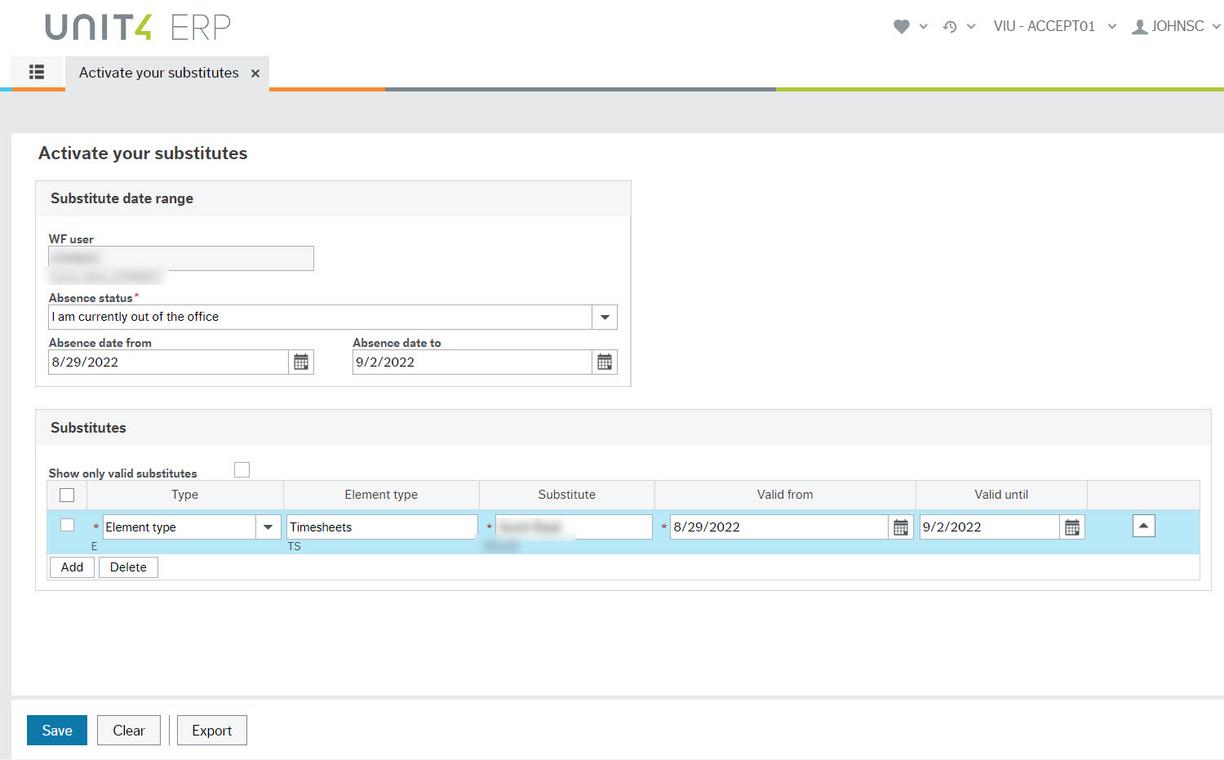Screenshot of Activate Your Substitutes screen, showing element type Timesheets