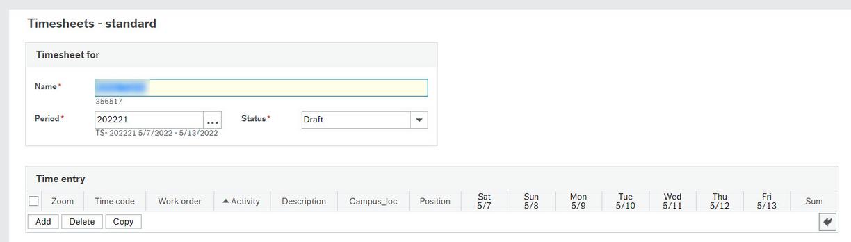 Screenshot of blank timesheet