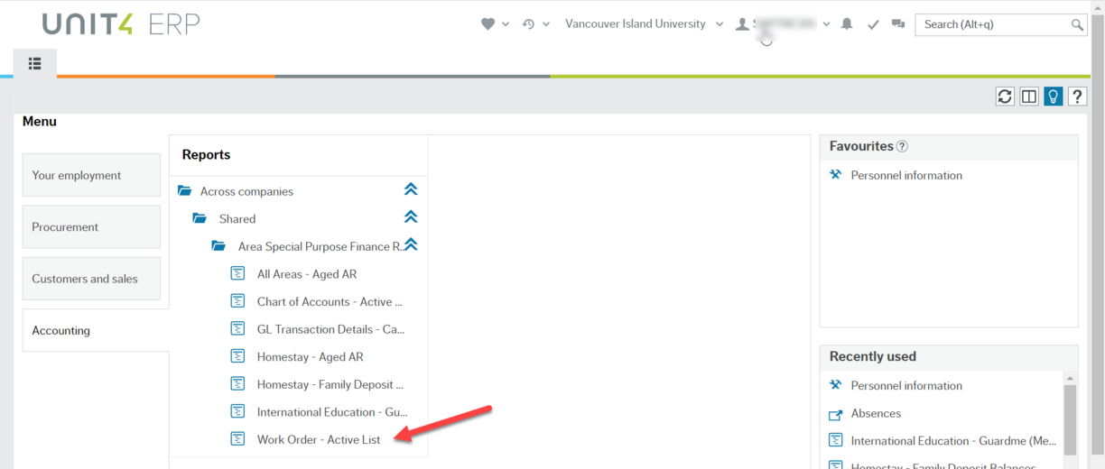 Workspace of Employee Portal with red arrow pointing to Work Order - Active List item under the Areas Special Purpose Finance Reports folder that is in the Shared folder that is in Across companies under main Reports heading.