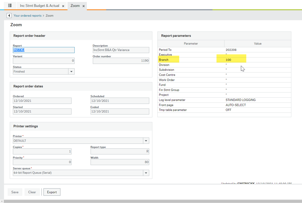 Screen shot of Zoom window with "Report parameters" box visible with two columns of data: Parameter and Value and yellow highlight on Parameter "Branch" and the Value "100"