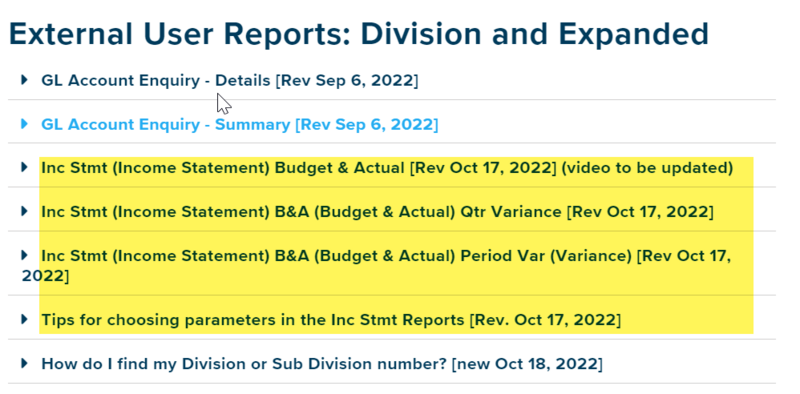 List under heading External User Reports: Division and Expanded with three different Income Statement report names highlighted yellow along with Tips for choosing parameters in the Inc Stmt reports also highlighted.