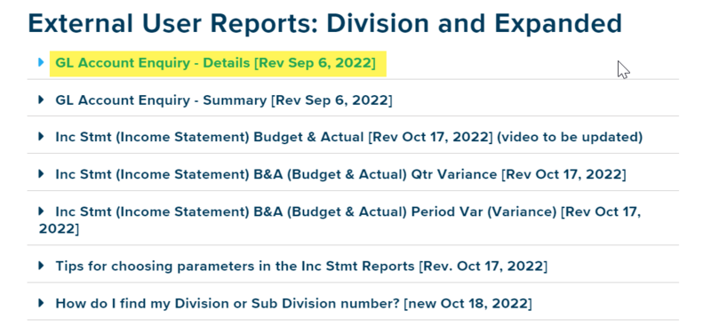 List under heading External User Reports: Division and Expanded with yellow highlight on GL Account Enquiry - Details report.