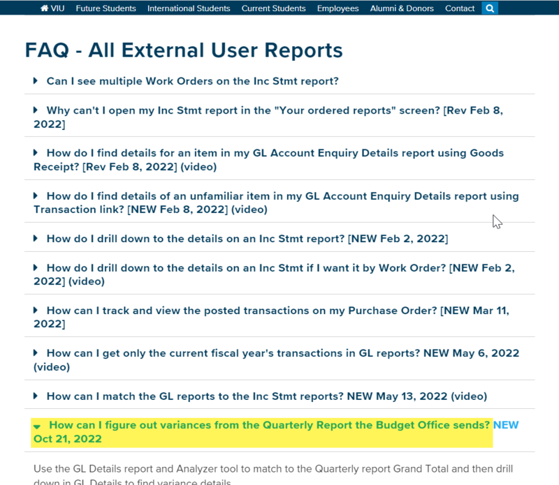 List under heading FAQ - All External User Reports with highlight on item: How can I figure out variances from the Quarterly Report the Budget Office sends? 