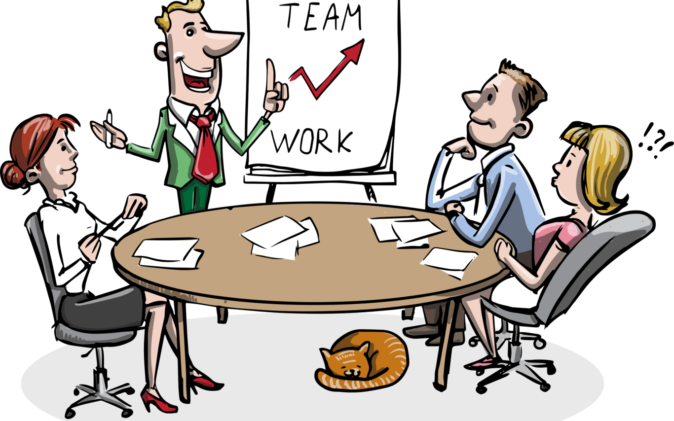 Cartoon image of team working around a table with Team Work on a flipchart